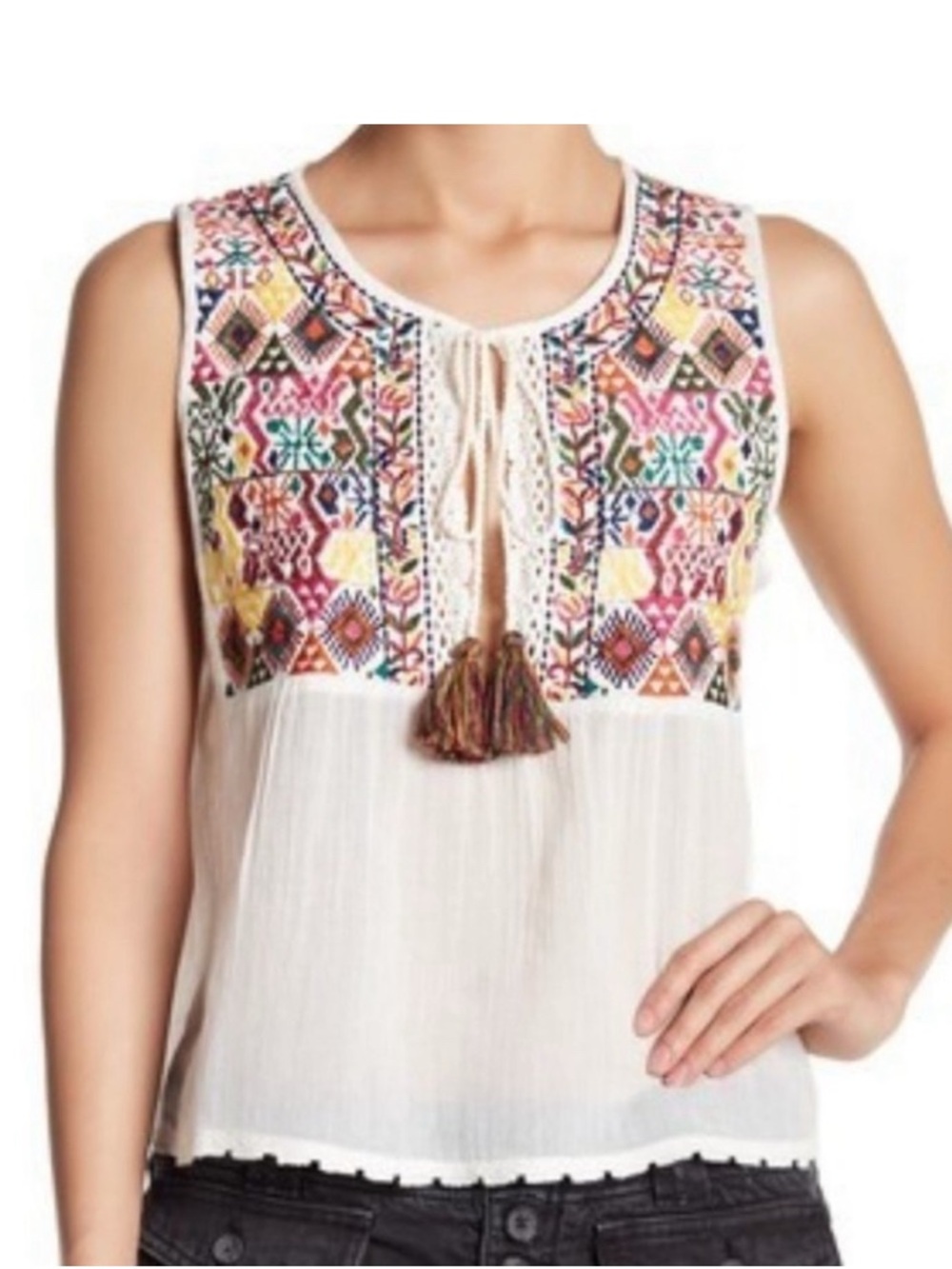 Free People Embroidered Tank Top Womens XS White Boho Tassel Gauze Blouse